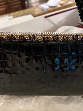 Isabella Adams Black Patent Leather Croc-Embossed Evening Clutch Swarovski Trim